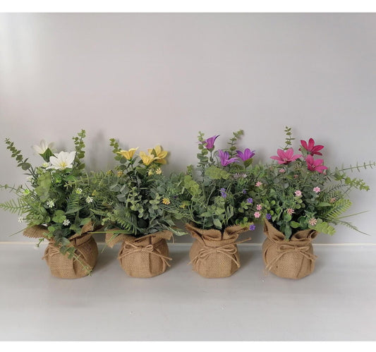 Maple Leaf Lilly Jute Artificial Bonsai Potted Flower Rose Per Pc