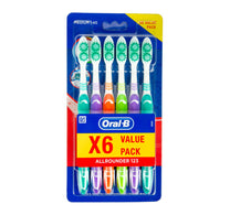 فرشاة أسنان أورال بي متعددة الاستخدامات 123 متوسطة الحجم، 6 قطع