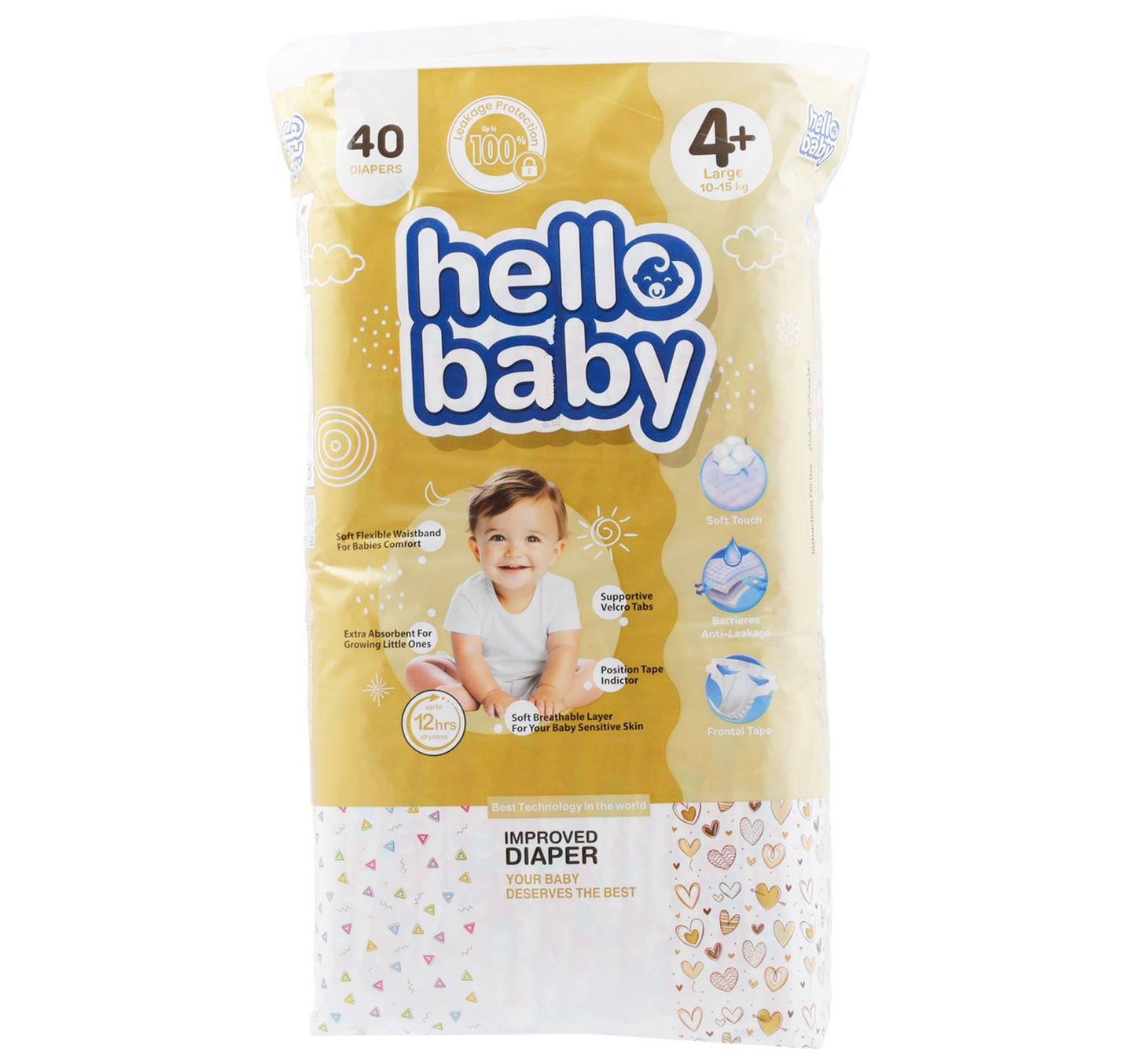 Hello Baby Jumbo Improved Diaper Size 4+ Large 10 - 15kg 40 pcs