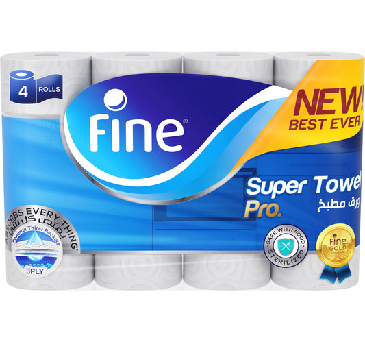 Fine Super Towel Pro New & Improved Sterilized & Half Perforated Kitchen Paper Towel 3ply 4 Rolls