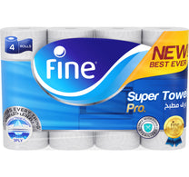 Fine Super Towel Pro New & Improved Sterilized & Half Perforated Kitchen Paper Towel 3ply 4 Rolls