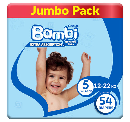 حفاضات أطفال سانيتا بامبي جامبو، مقاس 5، كبير جدًا، 12-22 كجم، 54 قطعة