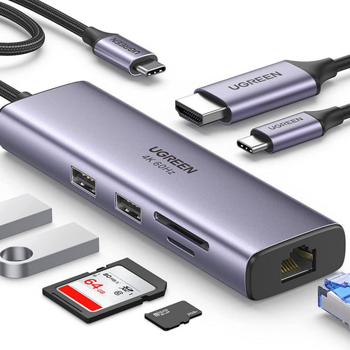 موزع يوجرين 7 في 1 USB-C بدقة 4K@60Hz، دونجل USB-C إلى HDMI مع جيجابت إيثرنت، منافذ USB 3.0، 100 واط PD، قارئ بطاقات SD/TF، ​​قاعدة USB-C لجهاز Steam Deck، MacBook Pro/Air M1 2022/2021، iPad Pro 2022/2021 (CM512)