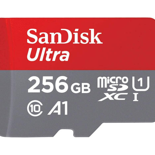 بطاقة ذاكرة SanDisk Ultra UHS I MicroSD، سعة 256 جيجابايت، سرعة نقل بيانات 150 ميجابايت/ثانية، رمادي/أحمر، SDSQUAC-256G-GN6MN