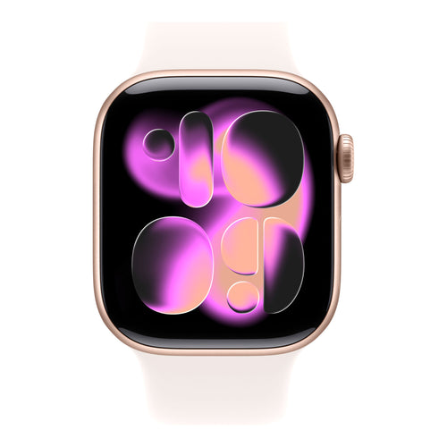 ساعة Apple Watch Series 11 الذكية بنظام تحديد المواقع العالمي (GPS)، هيكل من الألومنيوم باللون الذهبي الوردي مقاس 42 مم مع سوار رياضي بلون وردي فاتح (صغير/متوسط)، MEU04AF/A