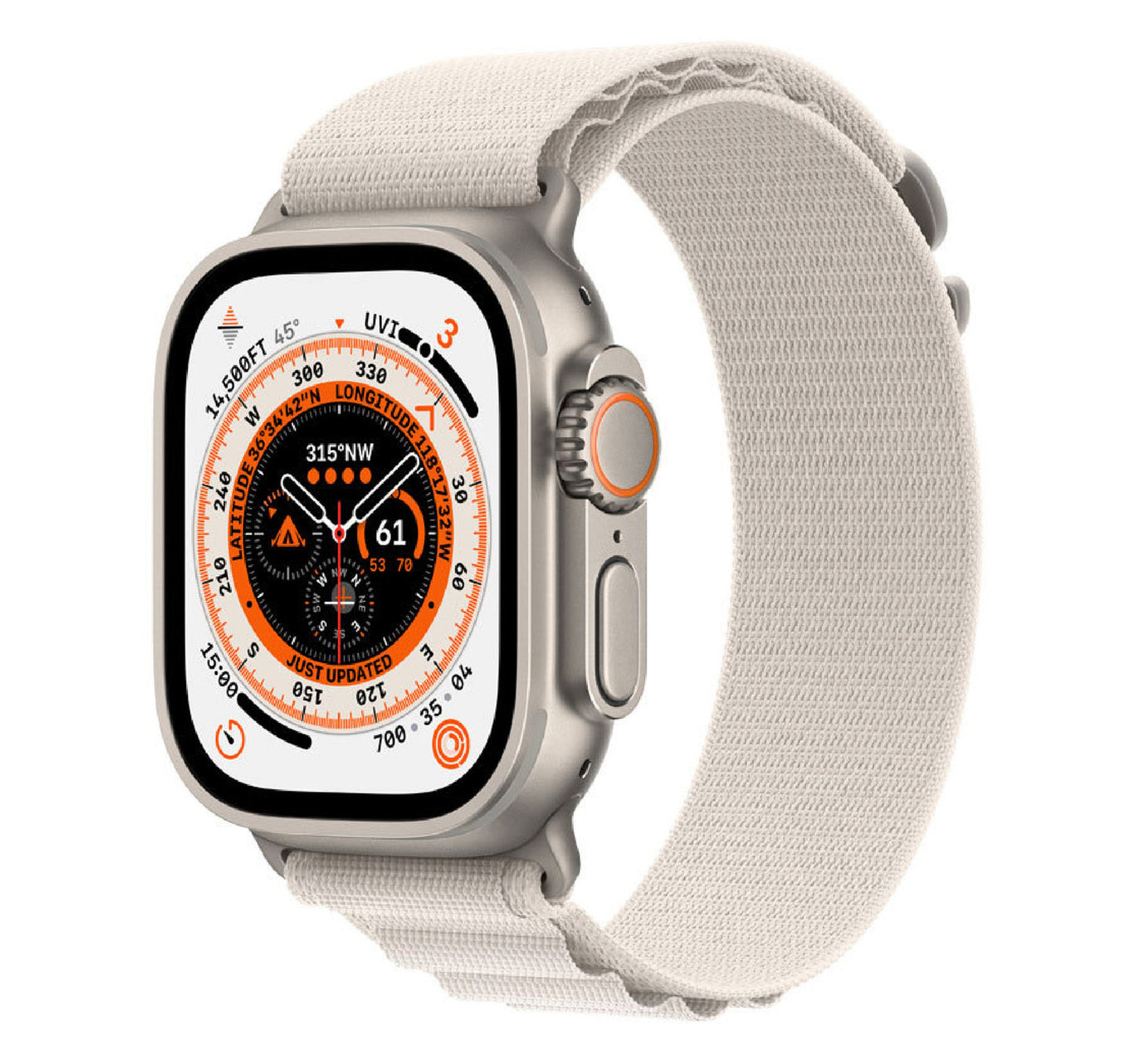 Apple Watch Ultra GPS + Cellular Smartwatch, 49 mm Titanium Case with Starlight Alpine Loop, Small Band Size, MQFQ3
