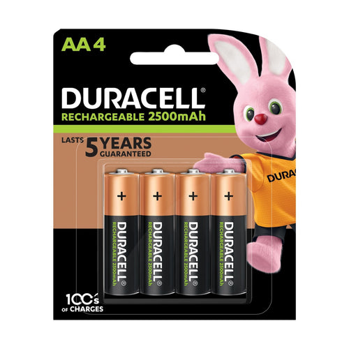 بطاريات Duracell AA قابلة لإعادة الشحن بسعة 2500 مللي أمبير في الساعة، عبوة من 4 قطع