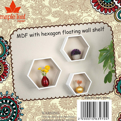 Maple Leaf Home MDF Wood Hexagon Floating Wall Shelf, White, 19102P