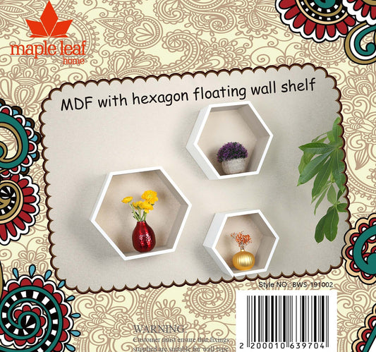 Maple Leaf Home MDF Wood Hexagon Floating Wall Shelf, White, 19102P