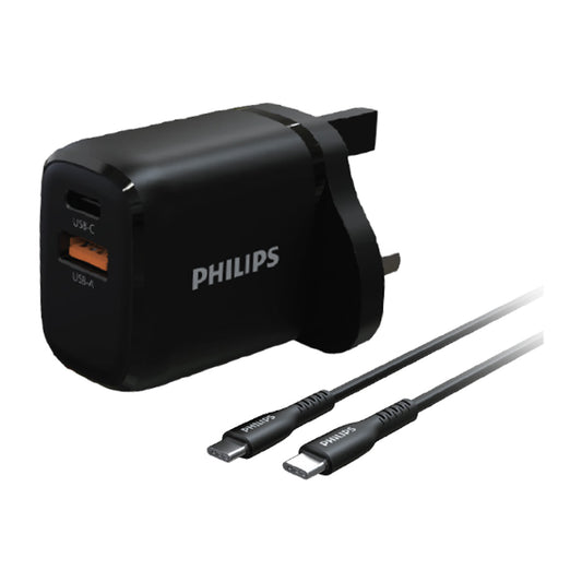 Philips 2 Port Travel Charger with Type-C to C Cable, 25W, Black, DLP2561DB/97