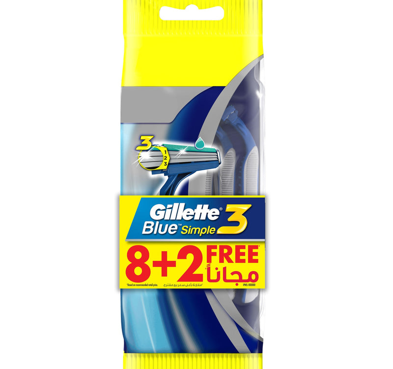 Gillette Blue Simple3 Men's Disposable Razors 8+2
