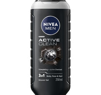 Nivea Men Active Clean 3in1 Shower Gel Cleans Body Face and Hair with Active Charcoal for Purified and Stimulating Skin for All Skin Types 250 ml