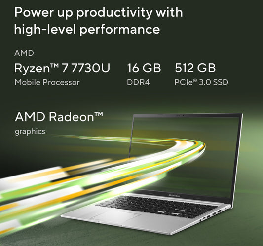 Asus Vivobook 15 Laptop, 15.6" FHD 60 Hz Display, AMD Ryzen 7-7730U Processor, 16 GB RAM, 512 GB SSD, Windows 11 Home, Blue, M1502YA-NJ116W