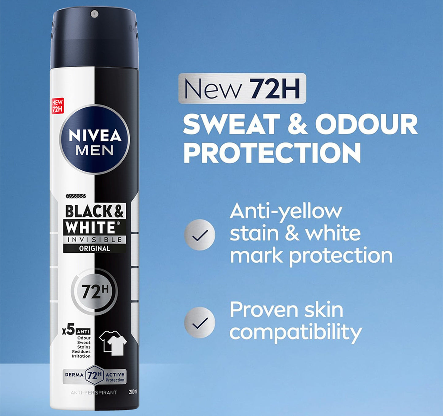 Nivea Men Black & White Invisible Antiperspirant Deodorant Spray Original 72H Active Protection 200 ml