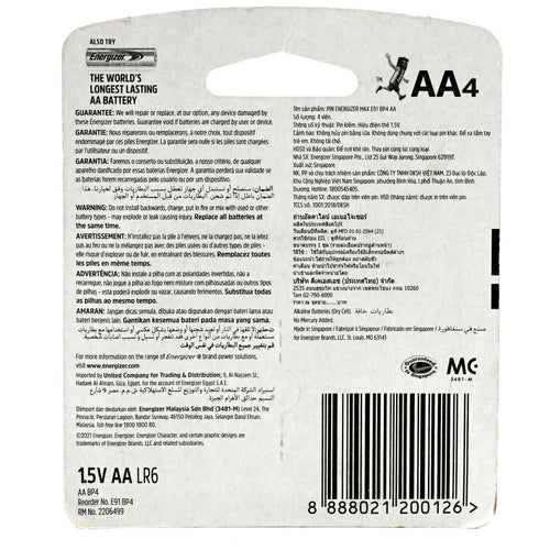 Energizer Max Alkaline AA Battery, 1.5 V, 4 Pcs, E91BP4