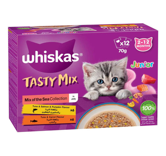 Whiskas Tasty Mix Junior Catfood Mix Of The Sea Collection In Jelly From 2-12 Months 12 x 70 g