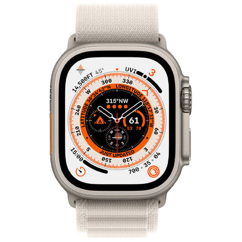 ساعة Apple Watch Ultra الذكية بنظام تحديد المواقع العالمي (GPS) + الخلوية، هيكل من التيتانيوم مقاس 49 مم مع حلقة Starlight Alpine، مقاس حزام صغير، MQFQ3