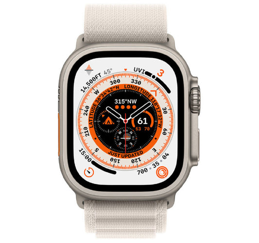 Apple Watch Ultra GPS + Cellular Smartwatch, 49 mm Titanium Case with Starlight Alpine Loop, Small Band Size, MQFQ3