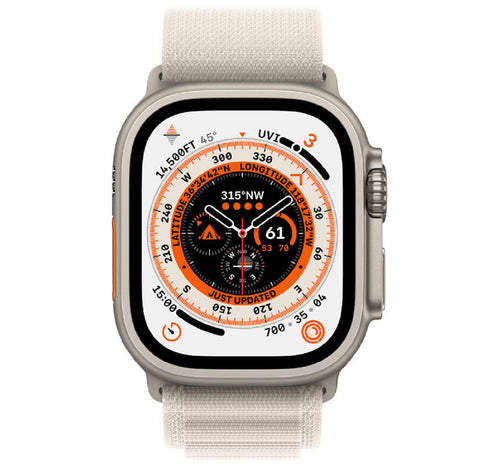 Apple Watch Ultra GPS + Cellular Smartwatch, 49 mm Titanium Case with Starlight Alpine Loop, Small Band Size, MQFQ3