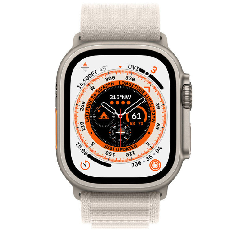 Apple Watch Ultra GPS + Cellular Smartwatch, 49 mm Titanium Case with Starlight Alpine Loop, Small Band Size, MQFQ3