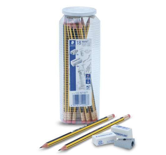 قلم رصاص ستيدلر نوريس 18 قطعة + ممحاة 6 قطع + مبراة واحدة - 122NT18