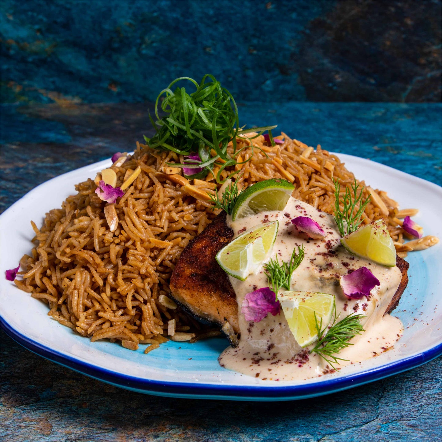 Grilled Salmon Fish with Sayadia Rice