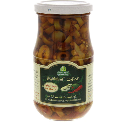 Halwani Bros Mukhtarat Sliced Green Olives With Chilli 325 g