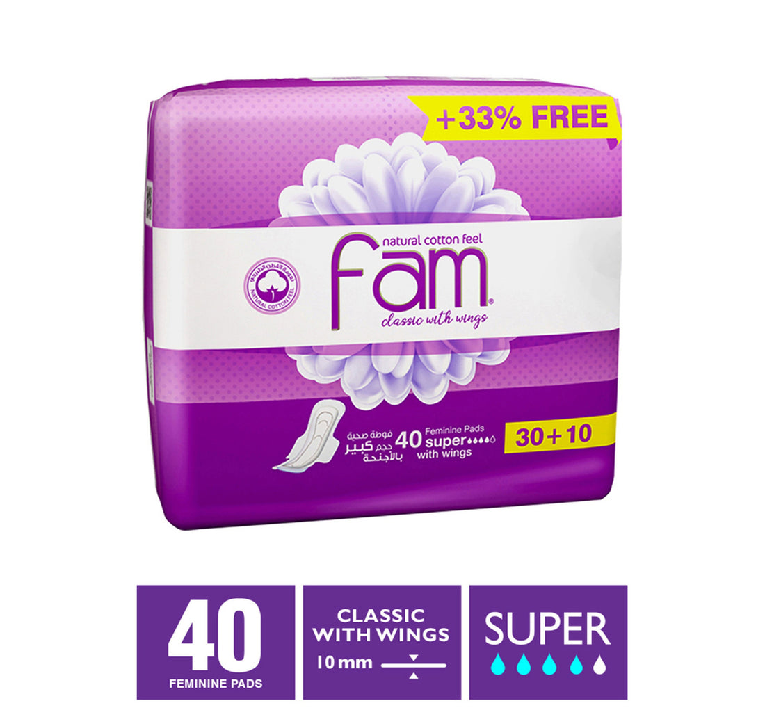فوط فام الصحية الكلاسيكية ذات ملمس القطن الطبيعي مع أجنحة، 30 قطعة + 10 قطع