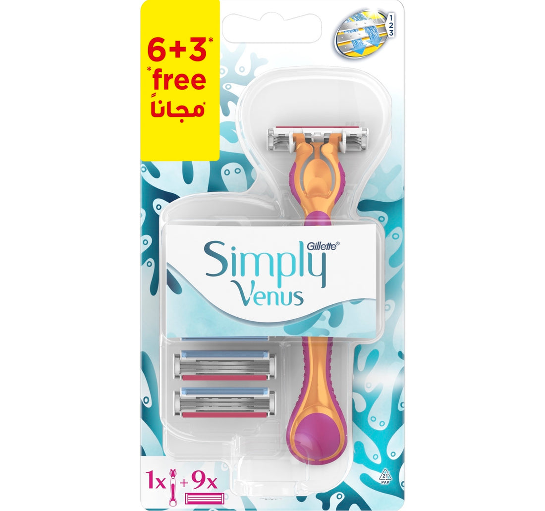 Gillette Simply Venus 3in1 Refillable Women's Smooth Razor1 Handle +  Blade Refills 6+3