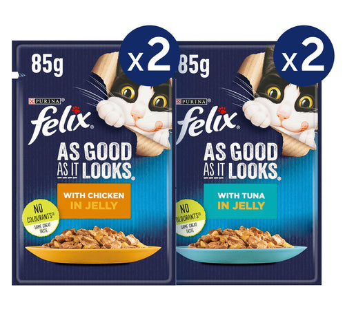 Purina Felix As Good As It Looks Adult Cat Food in Jelly (2 x 85 g Chicken Pouches + 2 x 85 g Tuna Pouches)