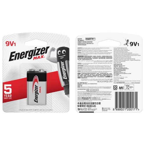 Energizer Max 9V Battery, 9 V, 1 Pcs, 522BP1
