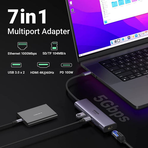 Ugreen 7-in-1 USB C Hub 4K@60Hz Type C to HDMI Dongle with Gigabit Ethernet, USB 3.0 Ports, 100W PD, SD/TF Card Reader, USB-C Dock for Steam Deck, MacBook Pro/Air M1 2022/2021, iPad Pro 2022/2021 (CM512)