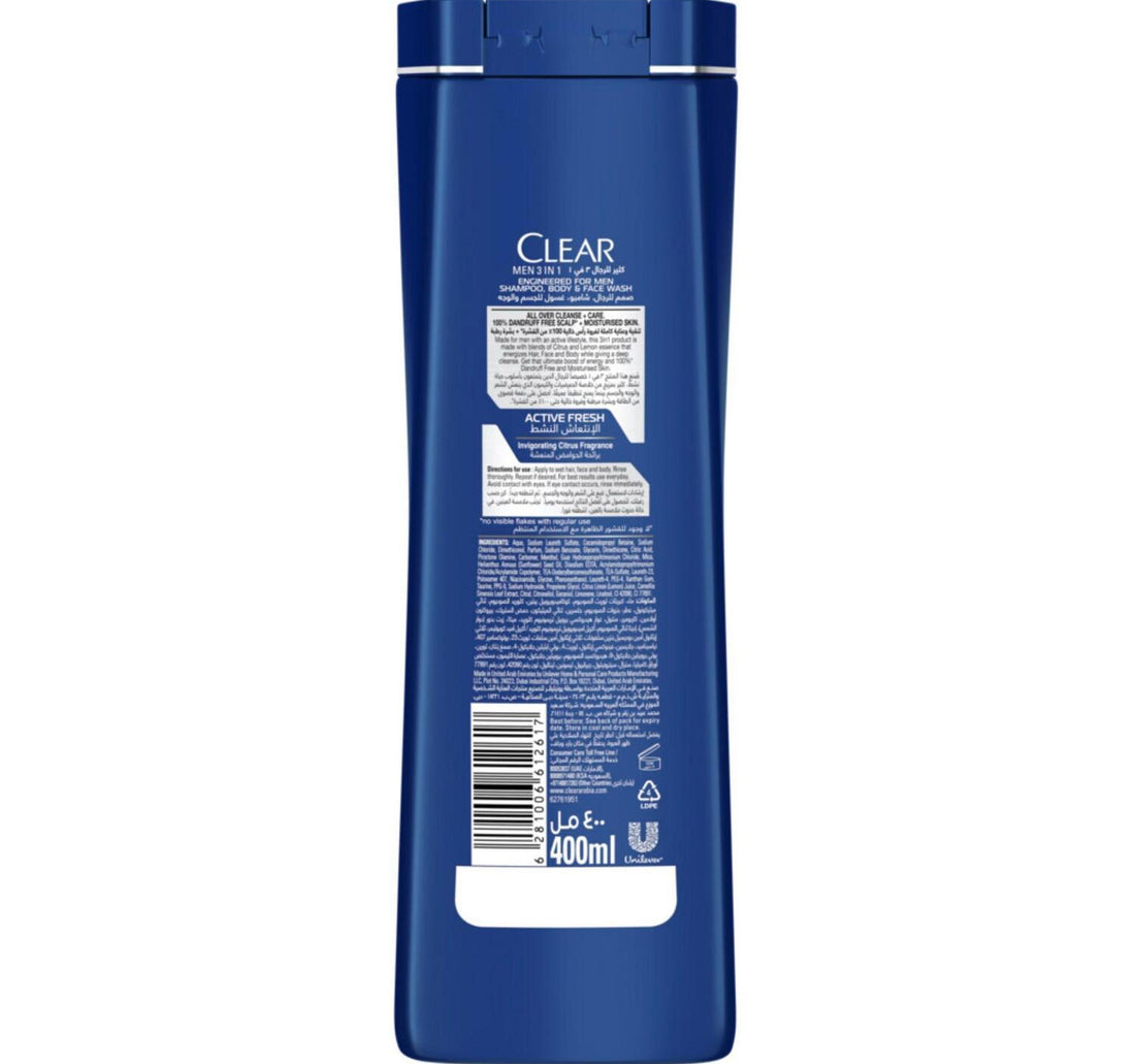 Clear Men 3in1 Active Fresh Shampoo Body & Face Wash 400 ml