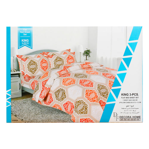 Decora King Size Flat 3 pcs Bed Sheet Set, 240 x 260 cm, 144 TC, Assorted