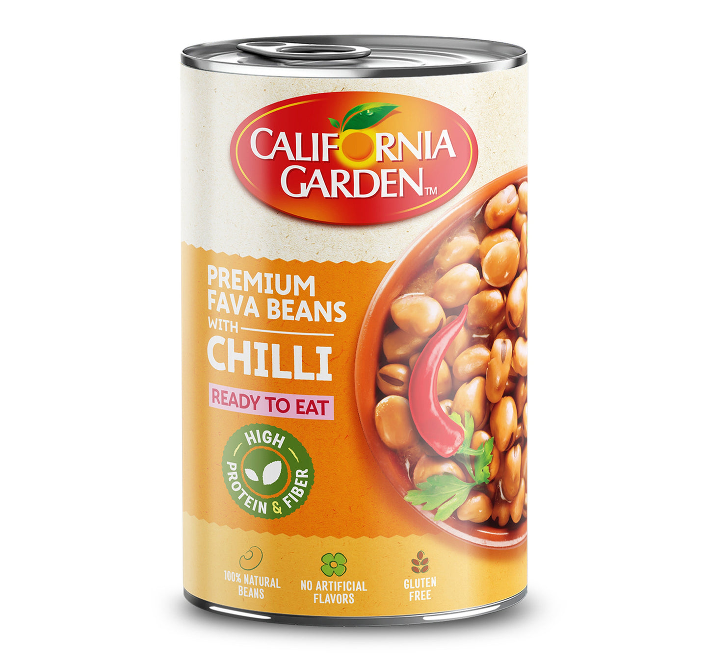 فول مدمس مقشر معلب من حدائق كاليفورنيا مع الفلفل الحار 450 غرام