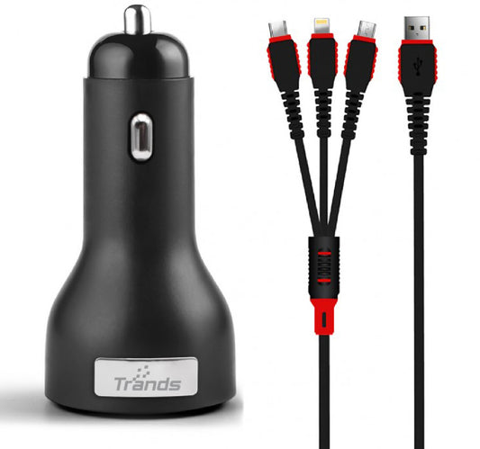 Trands Dual Port Car Charger with 3 in 1 Cable