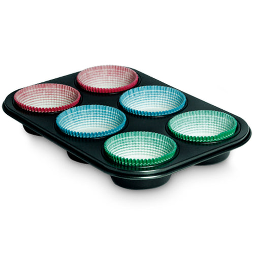 Guardini 6 Muffin Moulds with 30 Paper Baking Cups Tray, Black, 89907