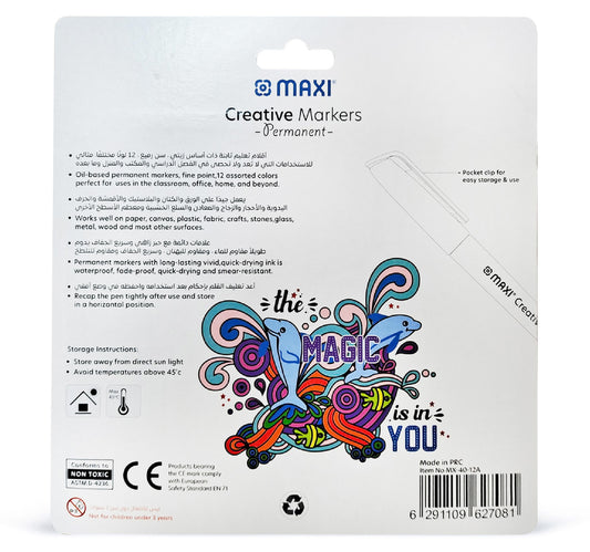 Maxi Creative Permanent Marker With Bullet Slim Blister, Pacl of 12, Assorted colours, MX-40-12A