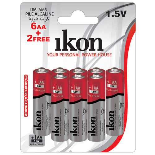Ikon Alkaline AA Battery, 1.5V, 8 pcs