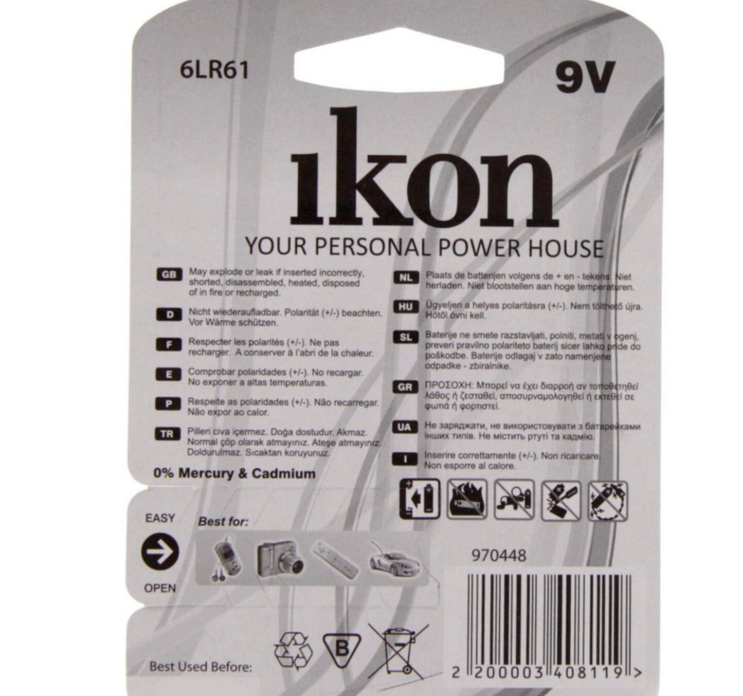 Ikon Alkaline 9V Battery IK6LR61BP1, 1 Pc Pack