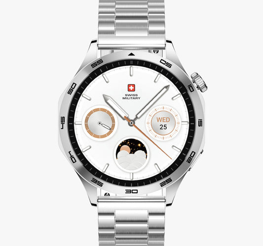 Swiss Military Swiss International Smart Watch, 1.43 AMOLED Display, Silver Frame with Silver Metal Strap
