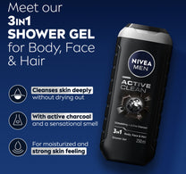 Nivea Men Active Clean 3in1 Shower Gel Cleans Body Face and Hair with Active Charcoal for Purified and Stimulating Skin for All Skin Types 250 ml