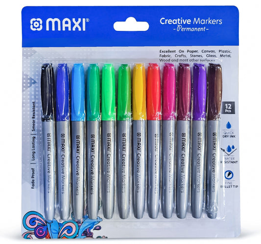 Maxi Creative Permanent Marker With Bullet Slim Blister, Pacl of 12, Assorted colours, MX-40-12A