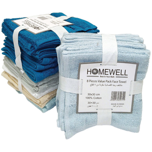 Homewell Cotton Wash Cloth Set, 30 x 30 cm, 8 pcs, Assorted