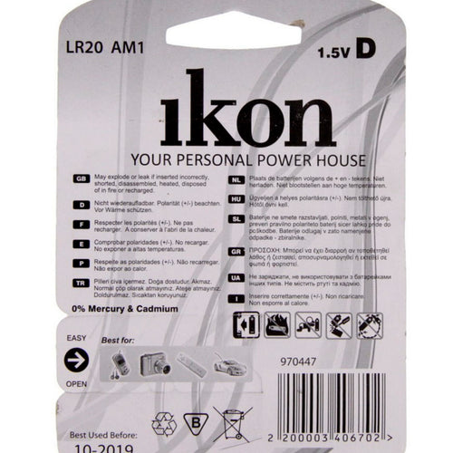 Ikon Alkaline D Battery IKLR20BP2, Pack of 2Pc