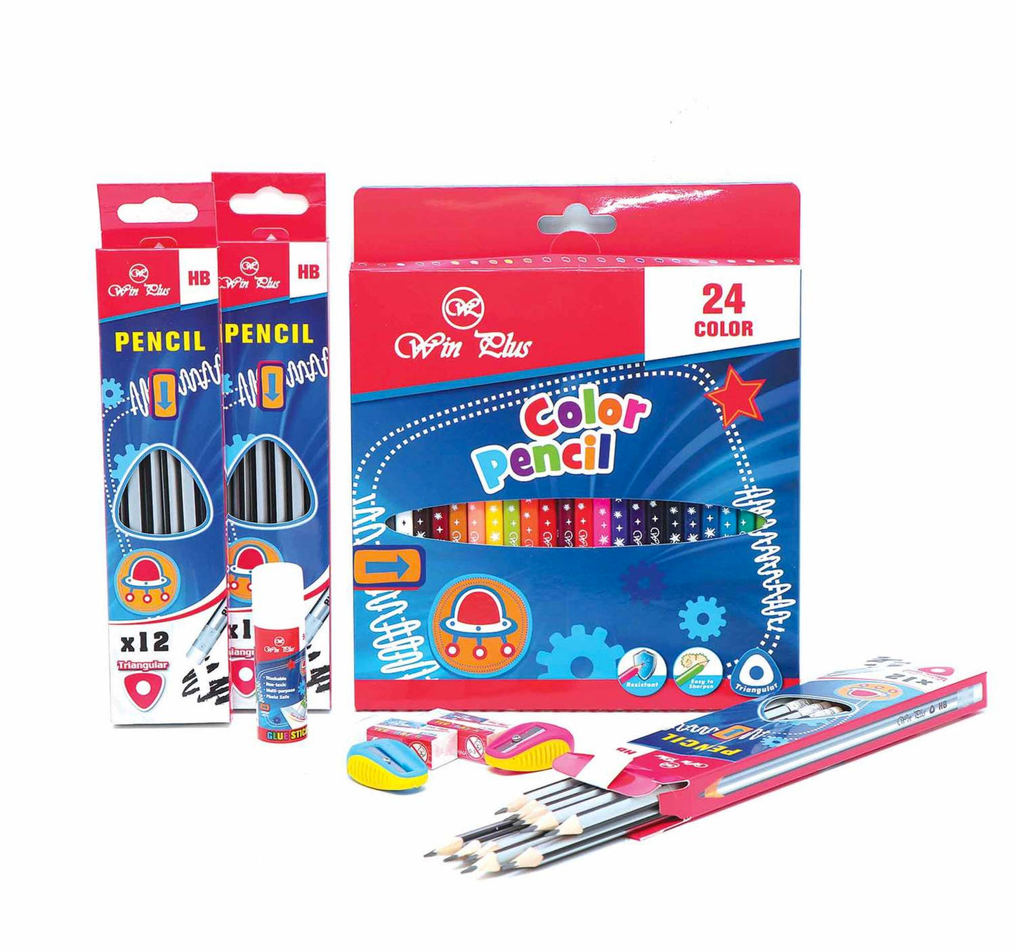 Win Plus Color Pencils 24pcs + HB Pencils 3x12pcs + Sharpener 2pcs + Eraser