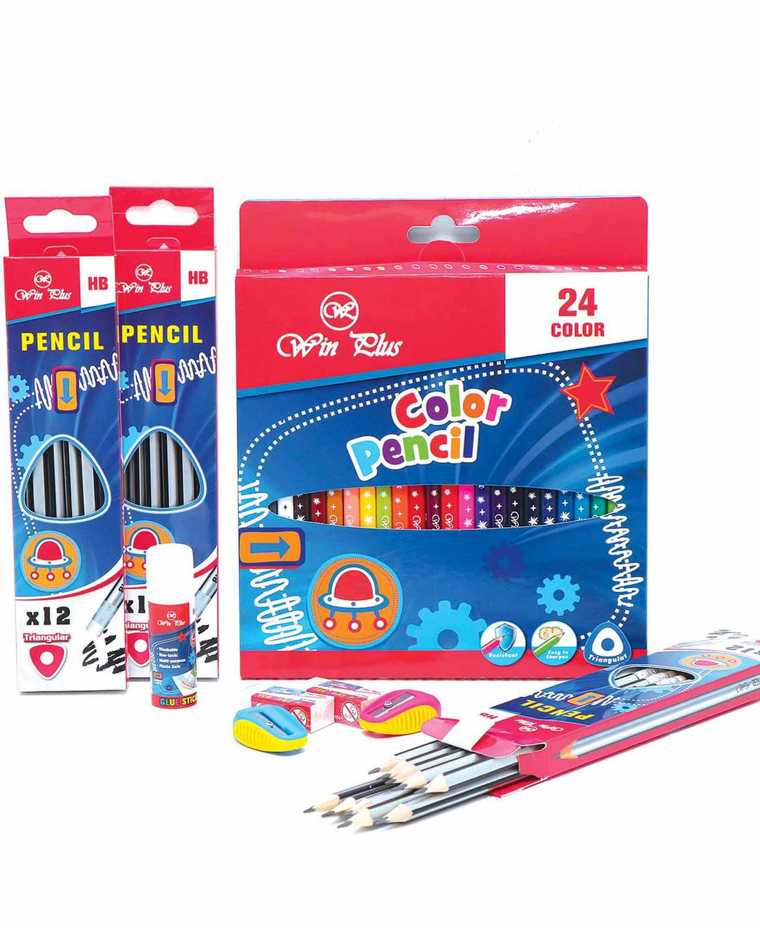Win Plus Color Pencils 24pcs + HB Pencils 3x12pcs + Sharpener 2pcs + Eraser