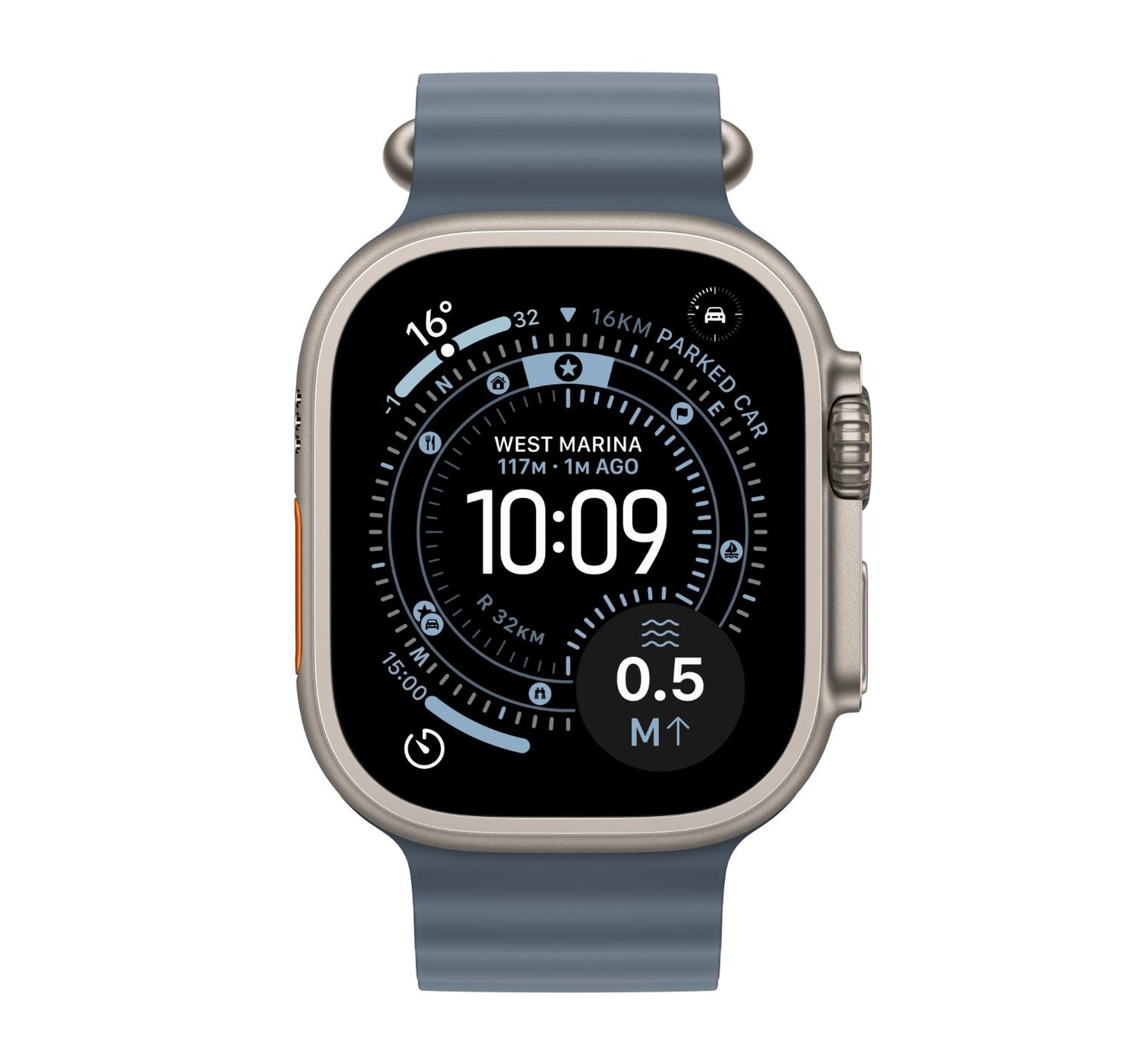 ساعة Apple Watch Ultra 3 الذكية بنظام تحديد المواقع العالمي (GPS) وشبكة خلوية، هيكل من التيتانيوم الطبيعي مقاس 49 مم مع سوار أزرق محيطي مرساة، MEWH4AF/A