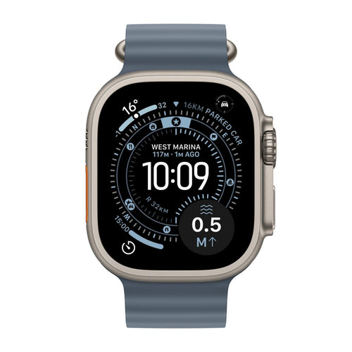 ساعة Apple Watch Ultra 3 الذكية بنظام تحديد المواقع العالمي (GPS) وشبكة خلوية، هيكل من التيتانيوم الطبيعي مقاس 49 مم مع سوار أزرق محيطي مرساة، MEWH4AF/A