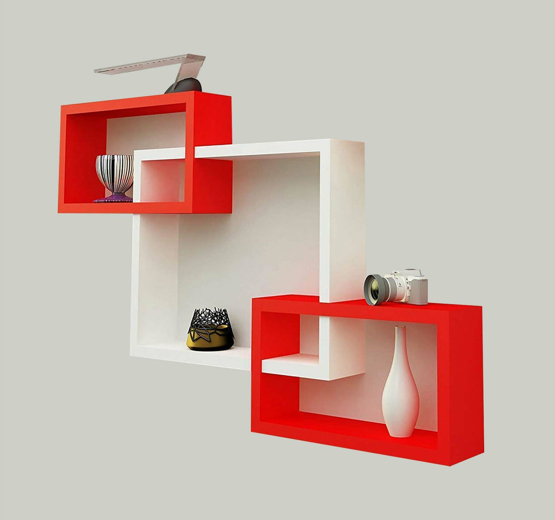 Maple Leaf Glossy Painting Wall Shelf 3 pcs Set, Red & White, F13058